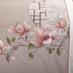 Chinese Style Magnoli Embroidered 4/7pcs Bedding Set 300TC Egyptian Cotton Sheet Pillowcase Duvet Cover Set (Queen King Size)