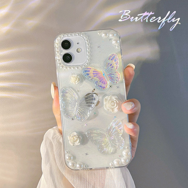 Qfdian iphone 13 pro max case Sweet Three-dimensional Butterfly White Rose Pearl Fashion Phone Case For iphone 11 12 13 Mini Pro Max XS XR SE 8 7 Plus Cover