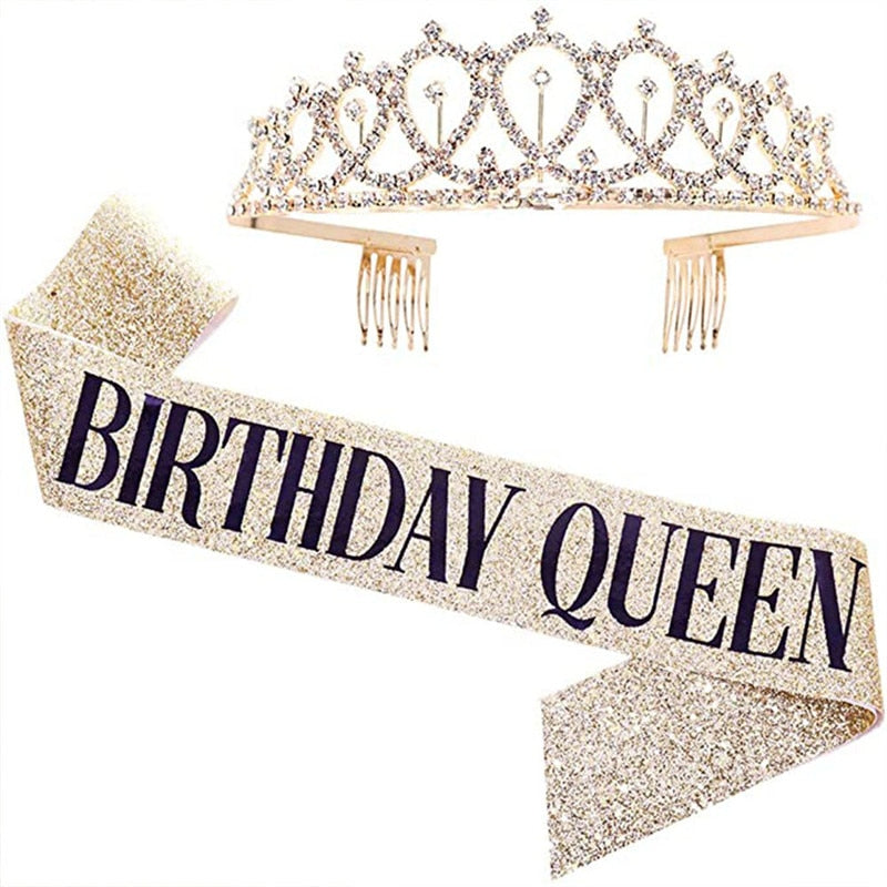 Qfdian Party decoration valentines day 18 30 40 50 60 Happy Birthday Girl Queen Sash Crystal Crown Headband Birthday Party Decoration Adult Anniversary Party Ornaments