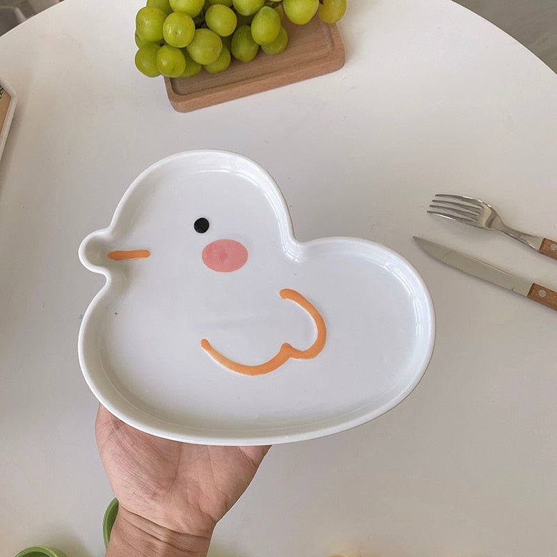 Qfdian Party decoration Party gifts hot sale new Ins Cartoon Dinner Plate Tableware New Frog Rabbit Duck Craft Kawaii Ceramic Cake Dessert Household Kitchen Dinnerware 17Cm