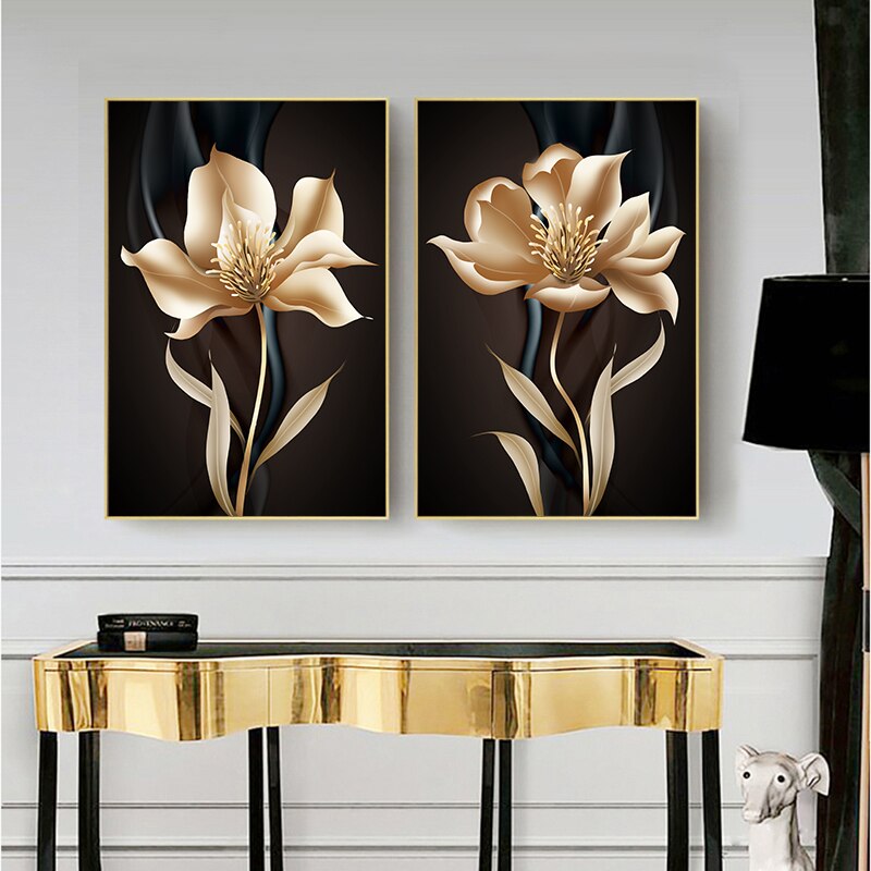 Qfdian halloween decorations christmas decorations Abstract Black Golden Flower Wall Art Canvas Painting Nordic Posters and Prints Wall Pictures for Living Room Modern Home Decor