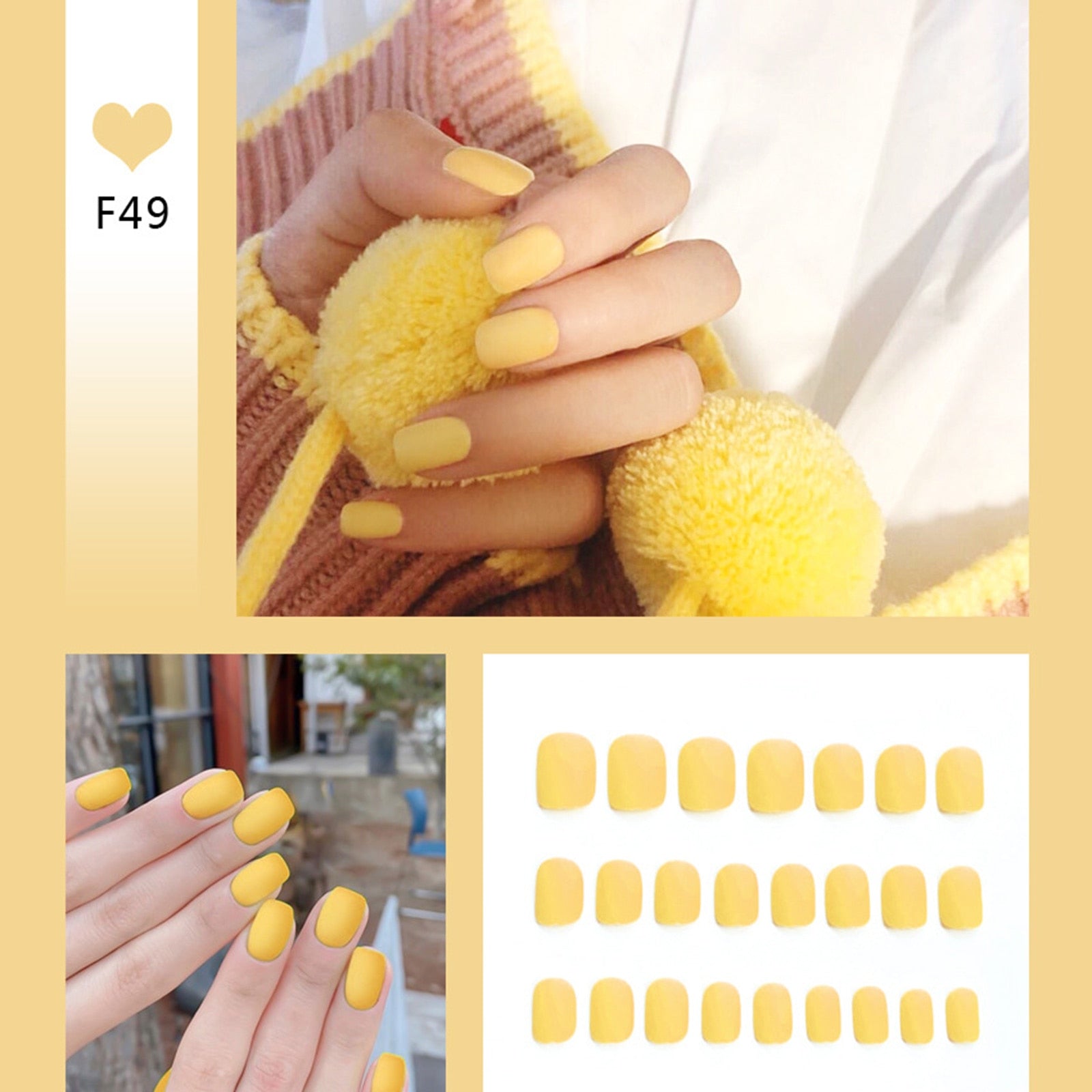 QFDSIAN 24pcs/box Full Cover fake Press on Nails Matte Yellow Pure Acrylic Frosted Ballerina acrylic for nails for Women free shipping