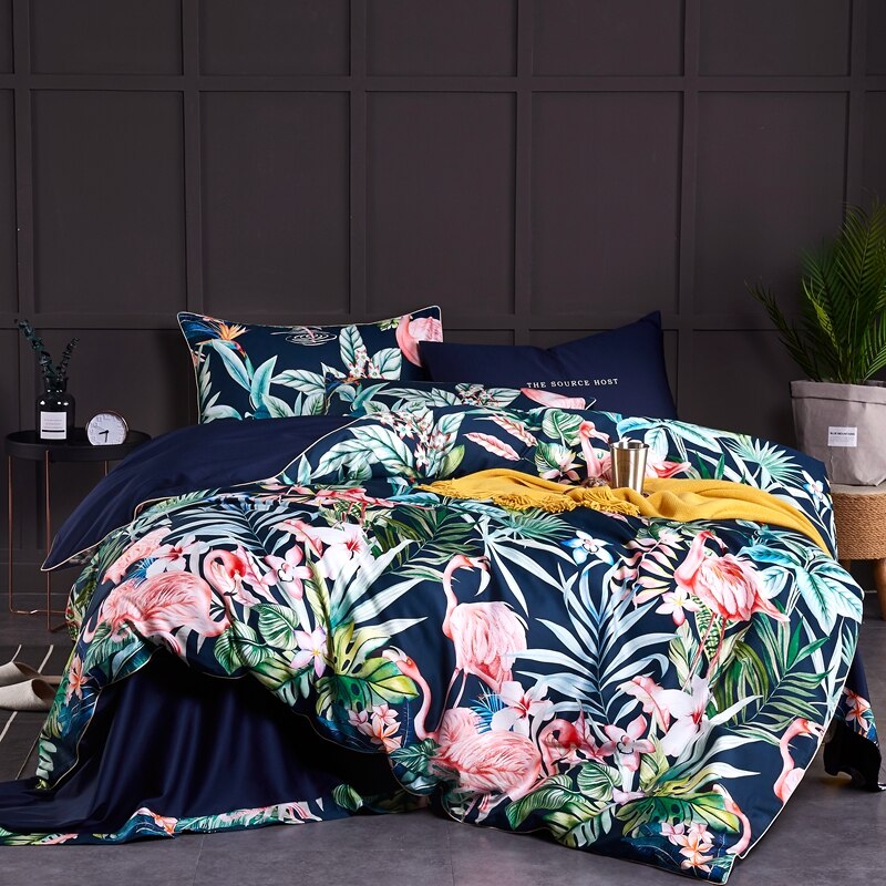 600TC Egyptian Cotton Flower Bird Digital Printing Bedding Sets 4pcs Bed Linen Duvet Cover Set Luxury Bed Sheets Pillowcases #s