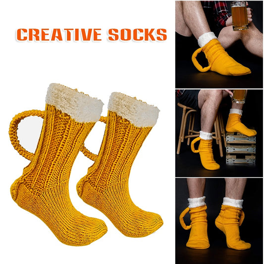 3D Beer Mug Socks Cute Unisex Funny Novelty Yellow Knit Socks Winter Warm Thick Floor Sock for Men Women Christmas Gift PR Sale