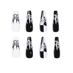 QFDIAN 24Pcs Long Coffin False Nails Black White Cool Girl Artificial Ballerina Fake Nails With Glue Full Cover Nail Tips Press On Nail