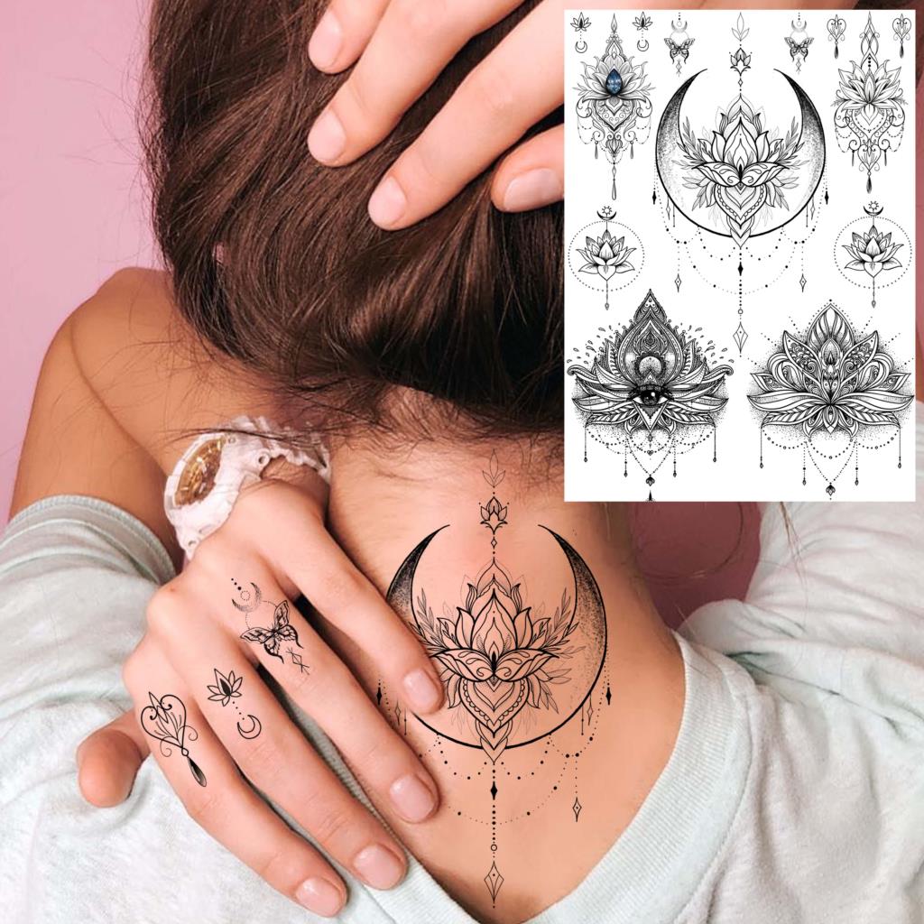 Black Henna Lace Temporary Tattoos Sticker For WOmen Butterfly Moth Mehndi Flower Fake Tatoo Sticker Feather Flora Tatoo