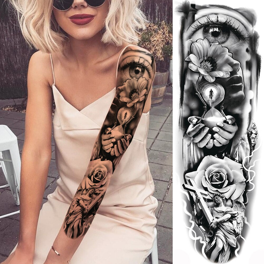 Qfdian gifts for men  Full Arm Evil Eye Temporary Tattoo Sticker For Men Women Realistic Skull Rose Flower Tatoos Body Art 3D Waterproof Fake Tattoos