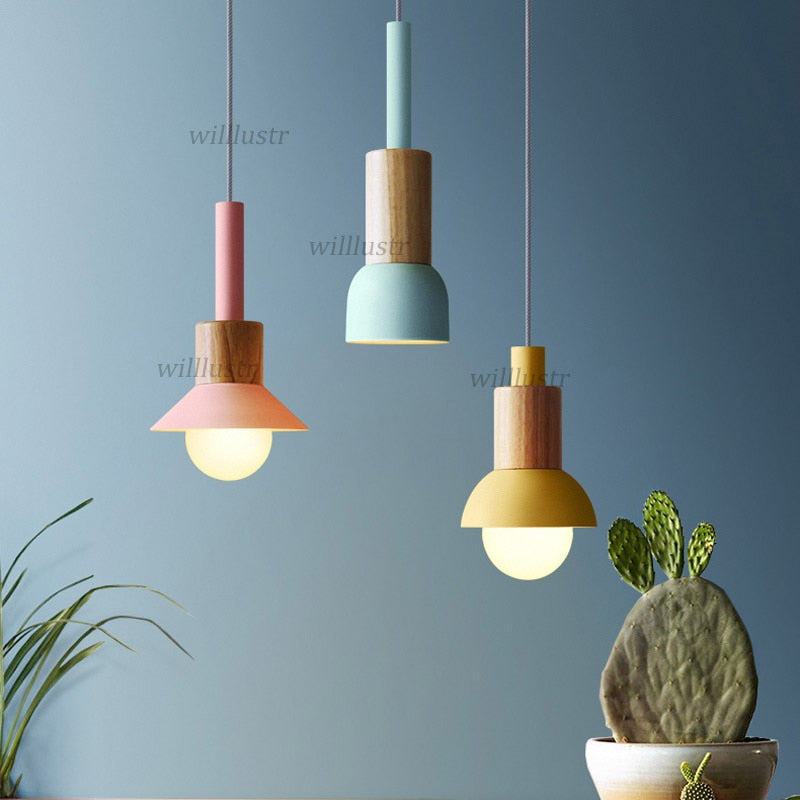 Qfdian home decor hot sale new Iron Wood Macaron Pendant Lamp Pink Green Yellow Hotel Restaurant Sitting Dining Room Bedroom Nordic Hanging Suspension Lighting