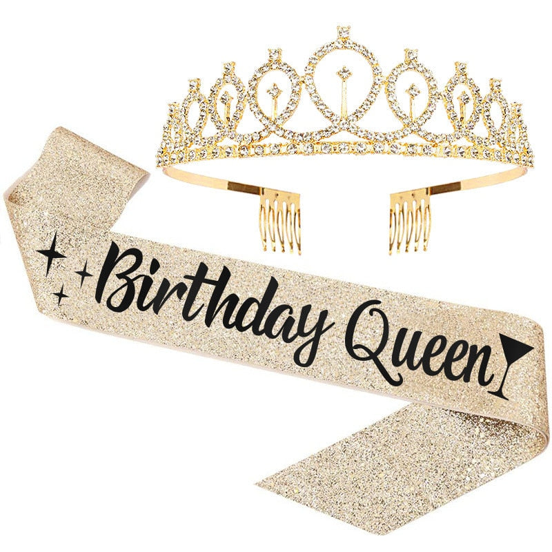 Qfdian Party decoration valentines day 18 30 40 50 60 Happy Birthday Girl Queen Sash Crystal Crown Headband Birthday Party Decoration Adult Anniversary Party Ornaments