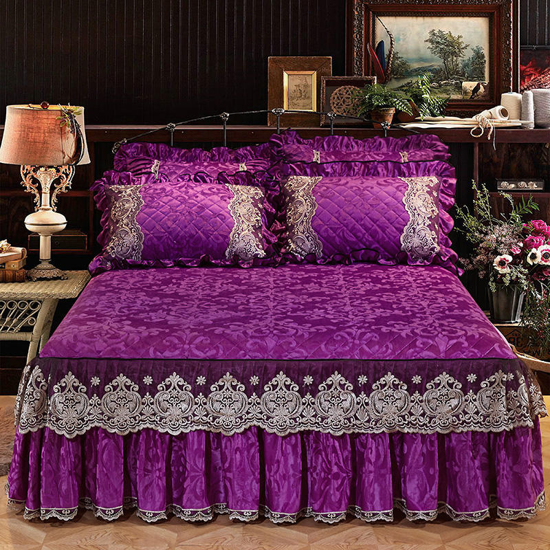 Qfdian Cozy apartment aesthetic hot sale new High-grade Bedding Bed Skirts Pillowcases Purple Velvet Thick Warm Lace Princess Bedspread Bed Sheets Mattress Cover King Queen