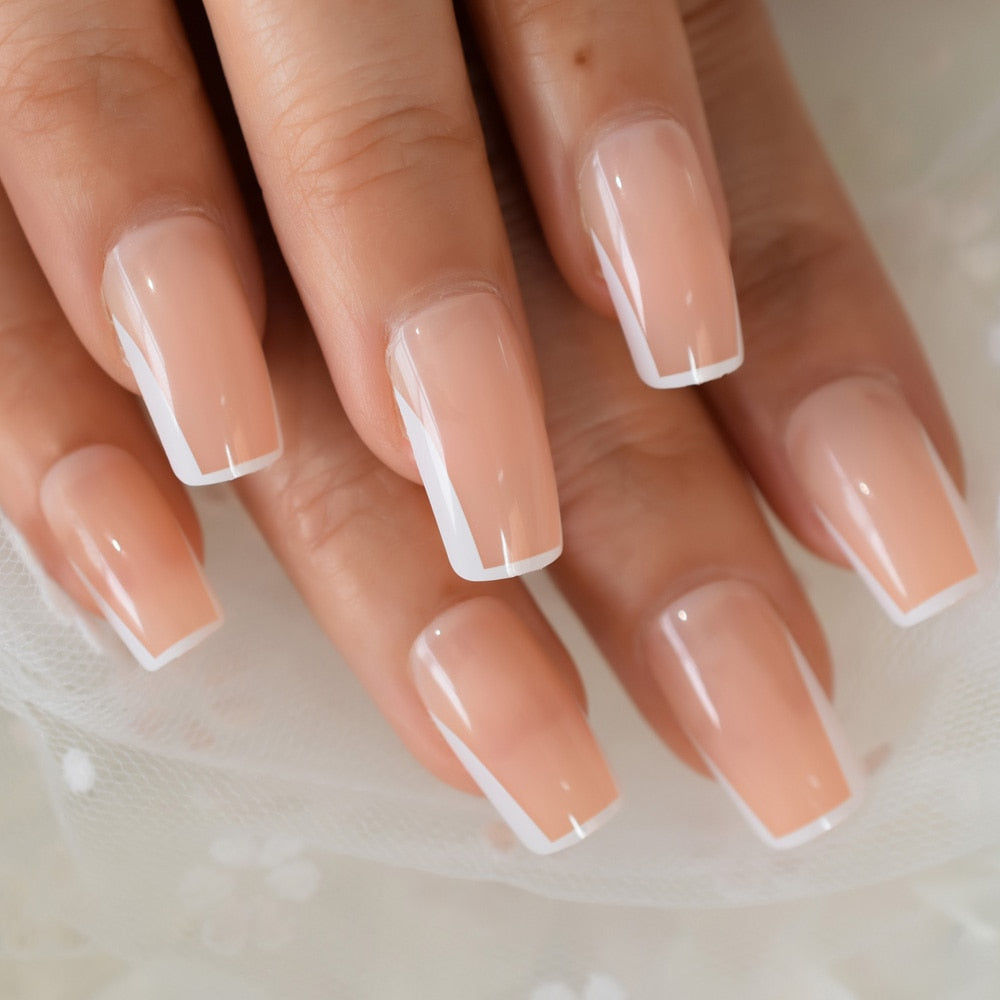 Qfdian Natural Nude Color Press On Nails Marble White Artificial False Nails Square Short Glossy Pattern Tips with Glue Sticker