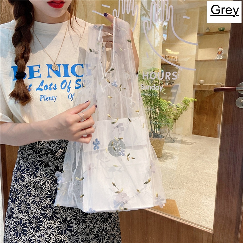 Qfdian Party decoration hot sale new Fashion Lovely Women Small Flower Daisy Embroidery Handbag Organza Casual Tote Mesh Transparent Lace Shopping Bags Eco Handbags