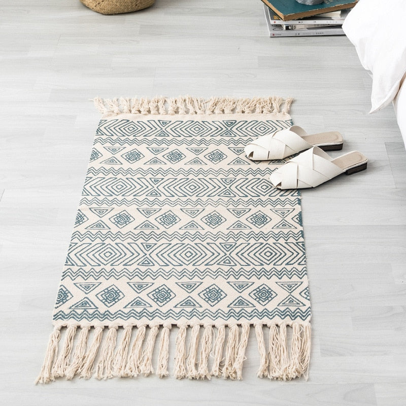 Qfdian easter decorations clearance Luxury Bohemia Ethnic Style Cotton Linen Soft Carpet Handmade Tassel Rug Living Room Bedside Floor Mat Pad Home Boho Decoration