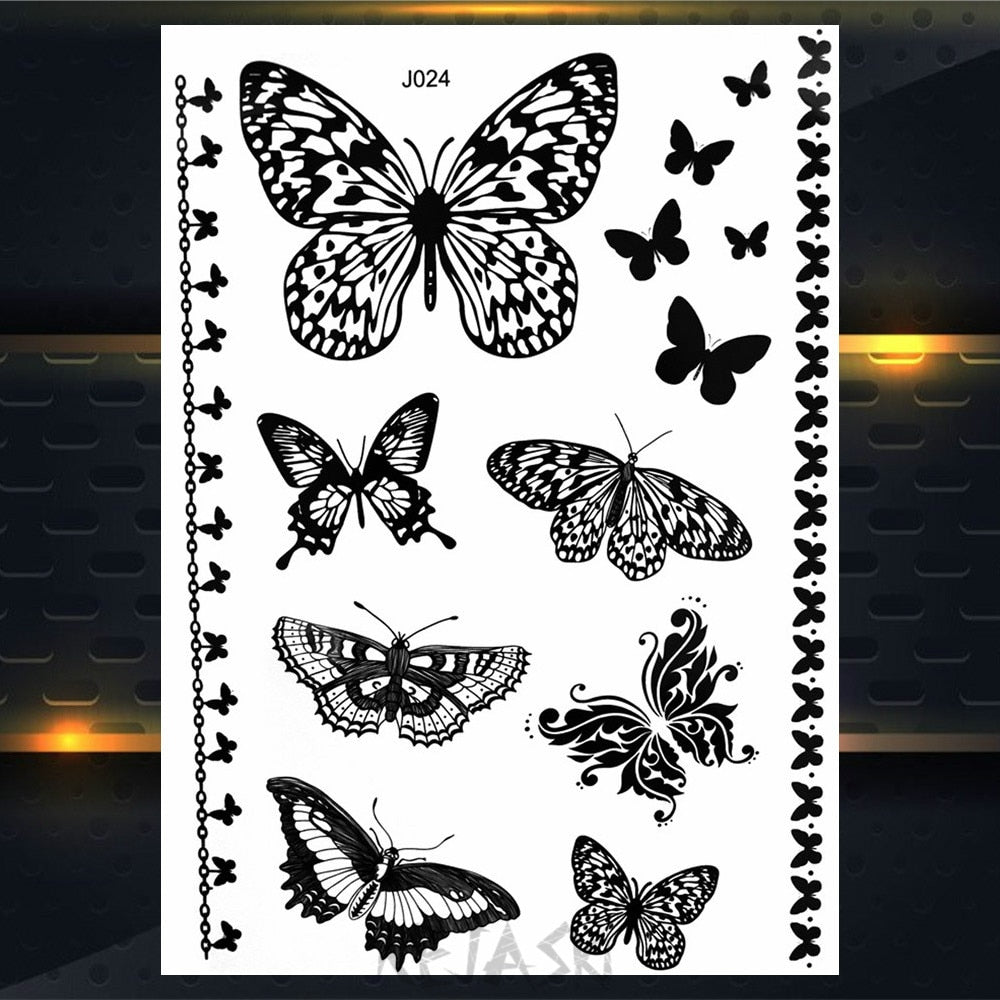 Black Henna Lace Temporary Tattoos Sticker For WOmen Butterfly Moth Mehndi Flower Fake Tatoo Sticker Feather Flora Tatoo