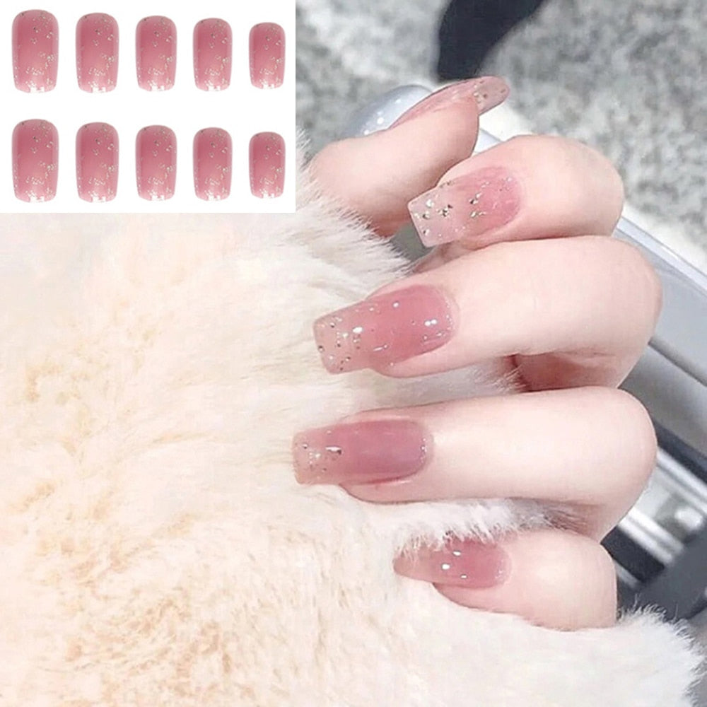 Qfdian gifts for women hot sale new 24PCS Fake Nails With Glue Rhinestones Long Coffin Flame Press on Nails Detachable French Stick on Nails Art DIY faux ongles