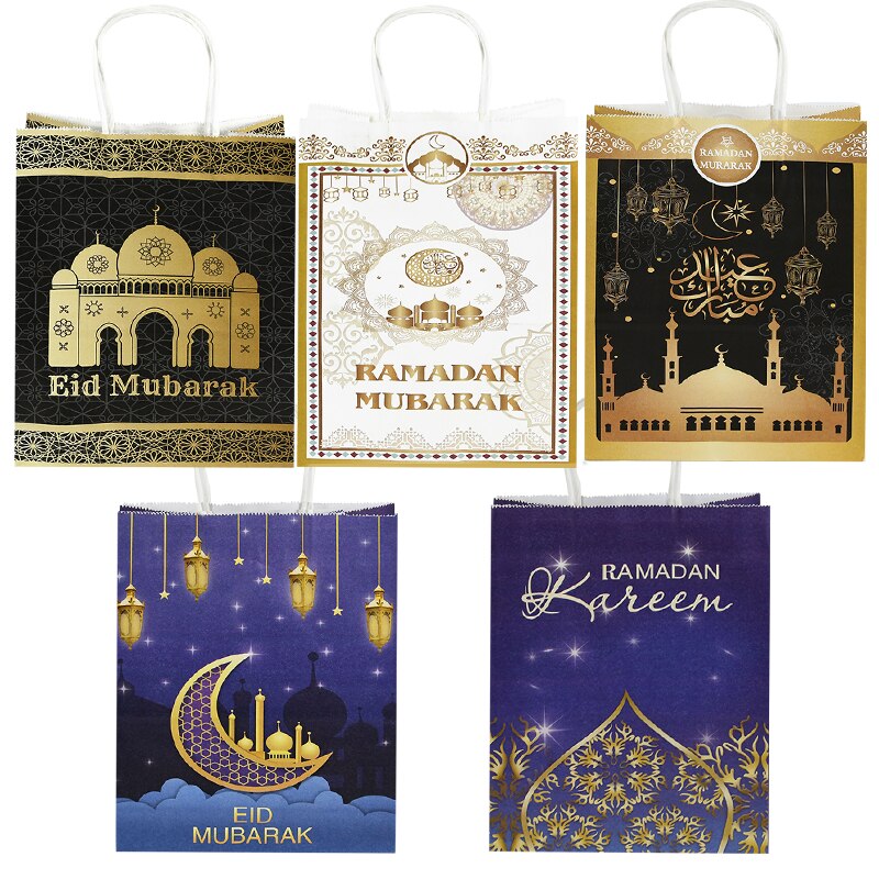 Qfdian Party decoration 5Pcs Islamic Muslim Festival Gift Bags Portable Paper Candies Snack Packaging Bag for Eid Mubarak 27x21cm Ramadan Kareem Supply