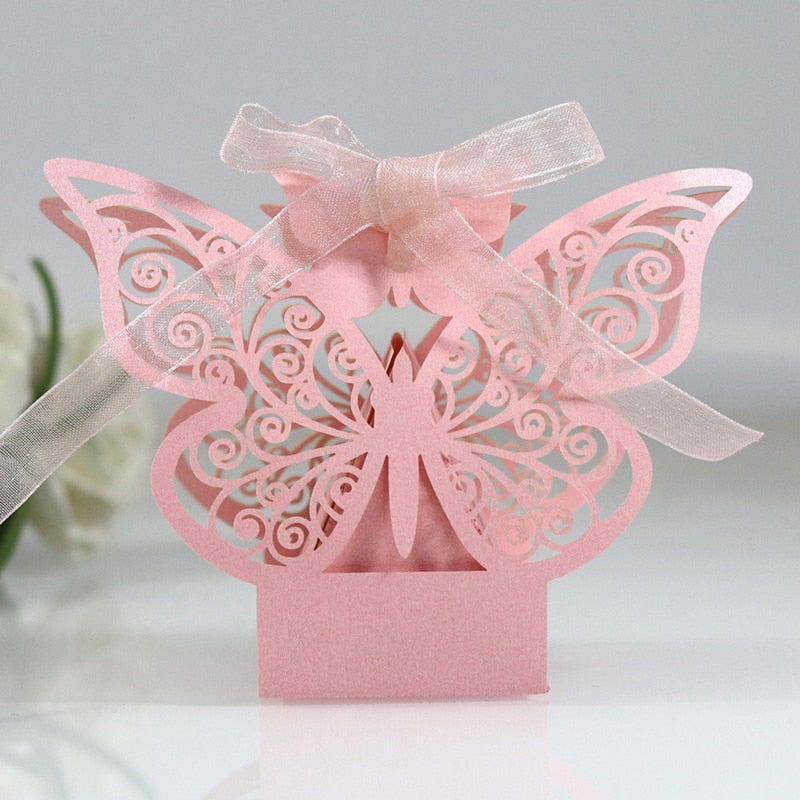 Qfdian 10/50/100pcs Butterfly Laser Cut Hollow Carriage Favors Gifts Box Candy Boxes With Ribbon Baby Shower Wedding Party Supplies