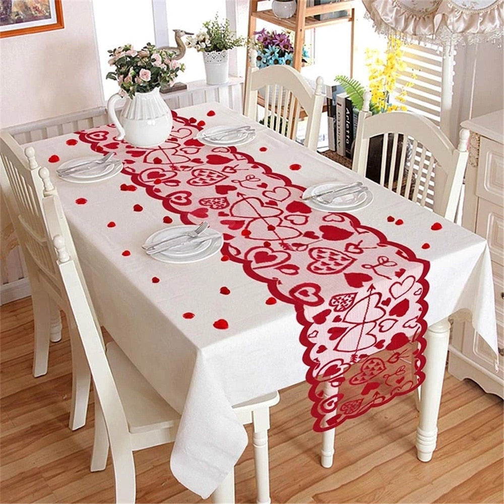 Qfdian Cupid Love Red Heart Lace Table Runner for Home Indoor Valentine's Day Table Decorations Valentine's Day Party Supplies