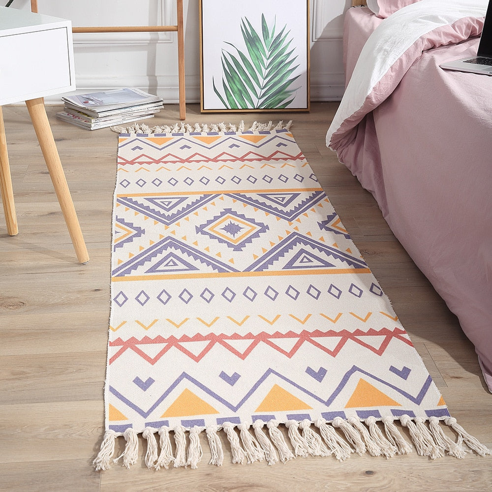 Qfdian easter decorations clearance Luxury Bohemia Ethnic Style Cotton Linen Soft Carpet Handmade Tassel Rug Living Room Bedside Floor Mat Pad Home Boho Decoration