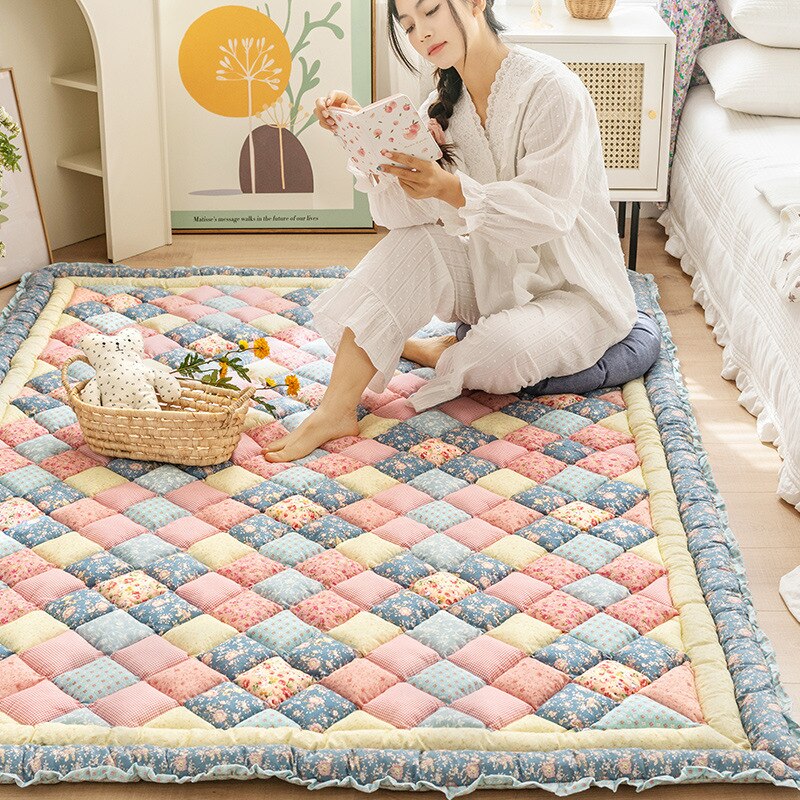 Qfdian Cotton Carpet for Living Room Hand Patchwork Quilted Thicken Bedroom Rugs Anti Slip Large Kids Room Rug Tatami Mat Machine Wash