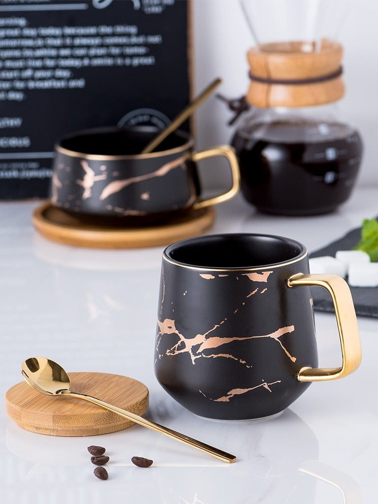 Gold Handle Marble Ceramic Mugs Porcelain Tea Coffee Child Breakfast Milk Cup With Spoon Saucer Lid Couple Friends Birthday Gift