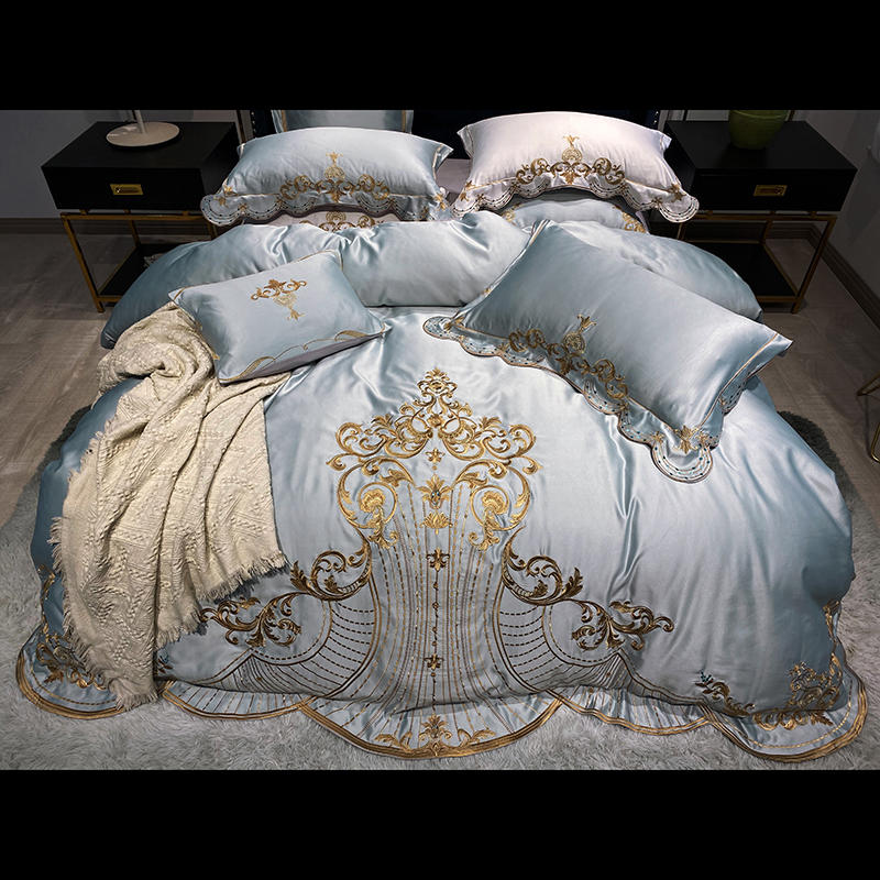 Qfdian Cozy apartment aesthetic hot sale new White Soft Satin Silk Cotton Gold Embroidery European Palace Bedding Set Double Duvet Cover Bed Linen Lace Bed Skirt Pillowcases