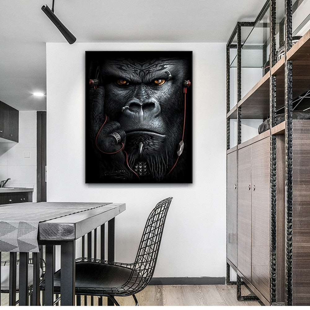 Qfdian halloween decorations halloween costumes halloween gift Punk Orangutan Monkey Chimp Headphones Art Canvas Print Painting Gorilla Animal Modern Wall Picture Home Decoration Poster