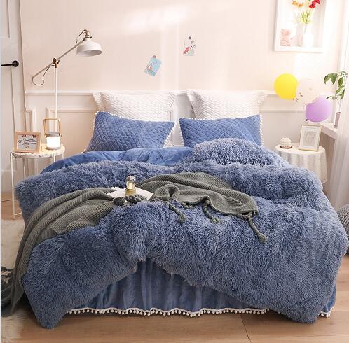 Luxury Plush Shaggy Duvet Cover Set Quilted Pompoms Fringe Ruffles Bedskirt Pillow Shams Bedding Set Twin Full Queen King 4/6PCS