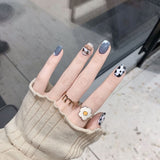 24Pcs false nails with designs cow and Blue Color cut design Fake Nail Shiny Gold Foil  artificial nails with glue for girls