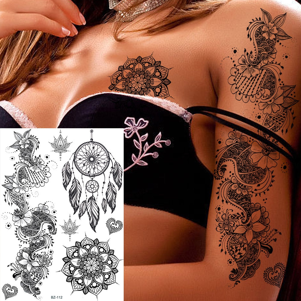 Black Henna Lace Temporary Tattoos Sticker For WOmen Butterfly Moth Mehndi Flower Fake Tatoo Sticker Feather Flora Tatoo