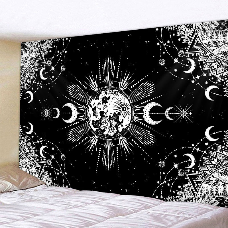 Black and white moon Mandala tapestry Bohemian decoration wall hanging bedroom psychedelic scene starlight art home decoration