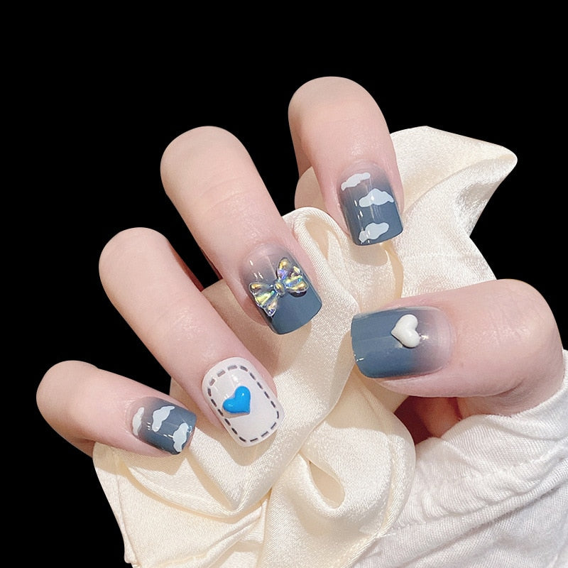 24Pcs false nails with designs cow and Blue Color cut design Fake Nail Shiny Gold Foil  artificial nails with glue for girls