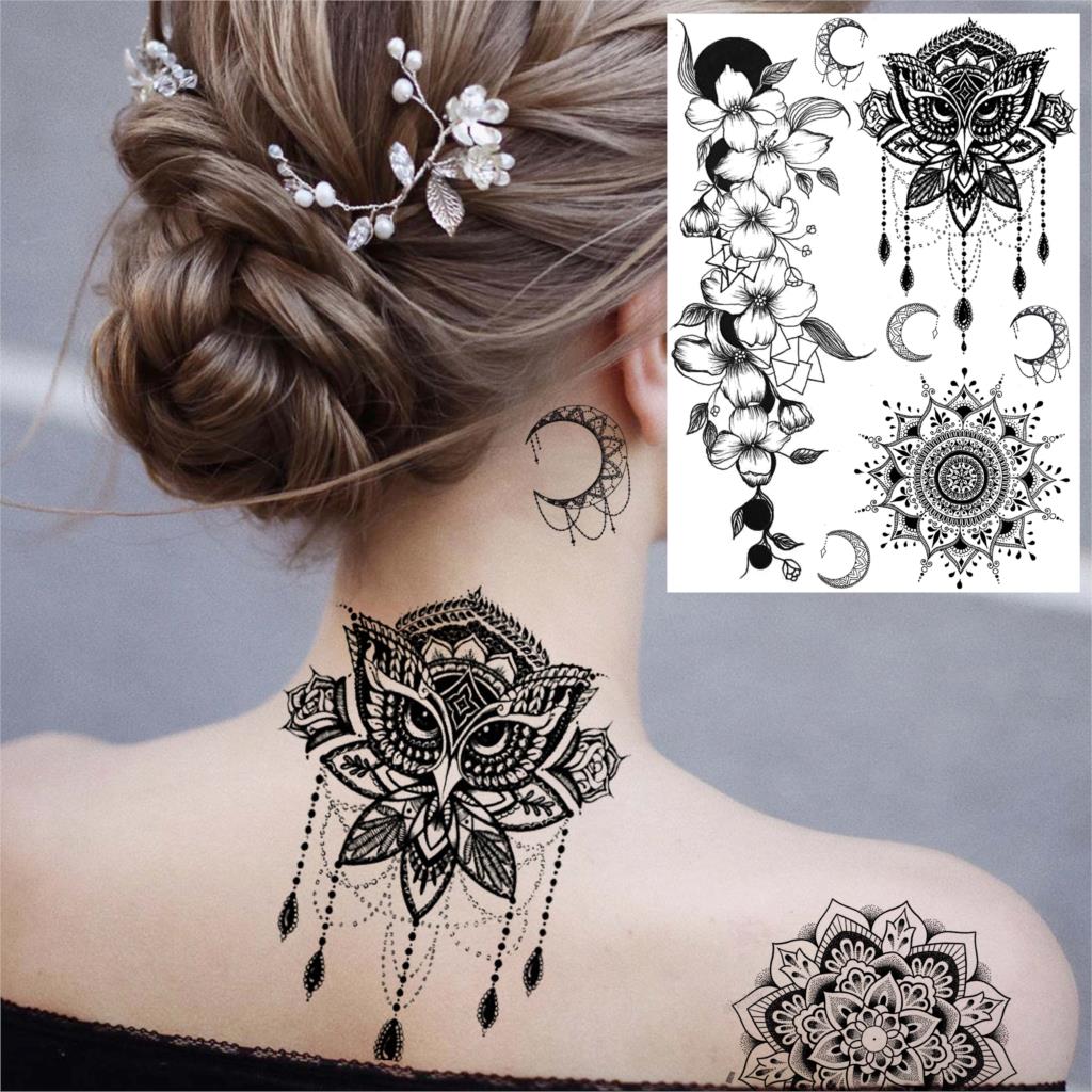 Black Henna Lace Temporary Tattoos Sticker For WOmen Butterfly Moth Mehndi Flower Fake Tatoo Sticker Feather Flora Tatoo