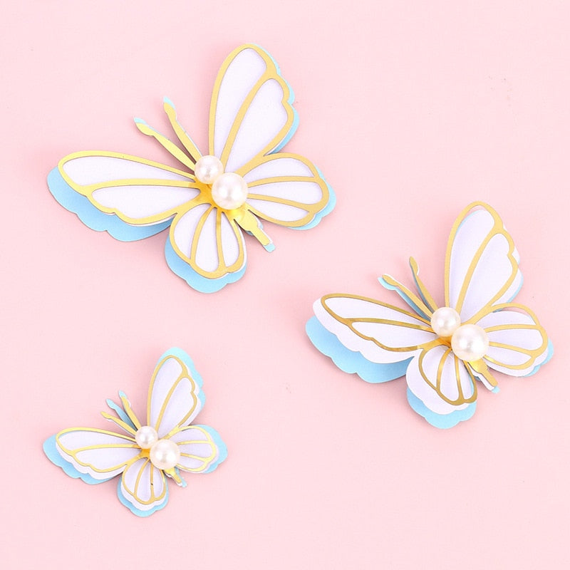 Qfdian Party gifts Party decoration hot sale new 3pcs/Set Bling Butterfly Pearl Paper Cake Topper Happy Birthday Baby Shower Wedding Party Decor DIY Gift Baking Supplies