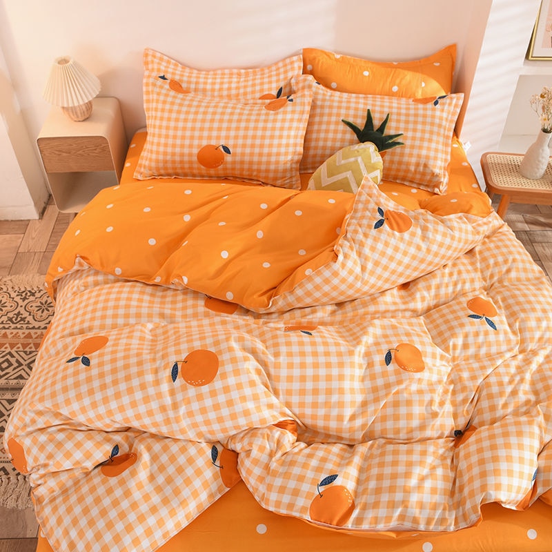 Orange Bedding Set Girls Boys Bed Linen Sheet Plaid Duvet Cover No Filling 240x220 Single Double Queen King Bedclothes