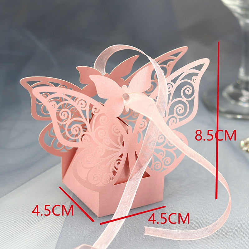 Qfdian 10/50/100pcs Butterfly Laser Cut Hollow Carriage Favors Gifts Box Candy Boxes With Ribbon Baby Shower Wedding Party Supplies