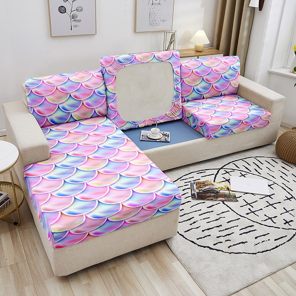 Qfdian Party decoration Sofa Seat Cover Mermaid Scales Printed Sofa Cushion Cover For Living Room Corner Sofa Slipcover Elastic Couch Cover 1-4 Seater