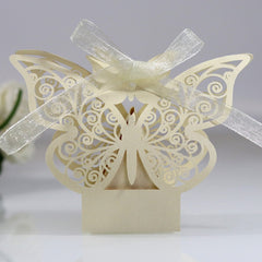 Qfdian 10/50/100pcs Butterfly Laser Cut Hollow Carriage Favors Gifts Box Candy Boxes With Ribbon Baby Shower Wedding Party Supplies