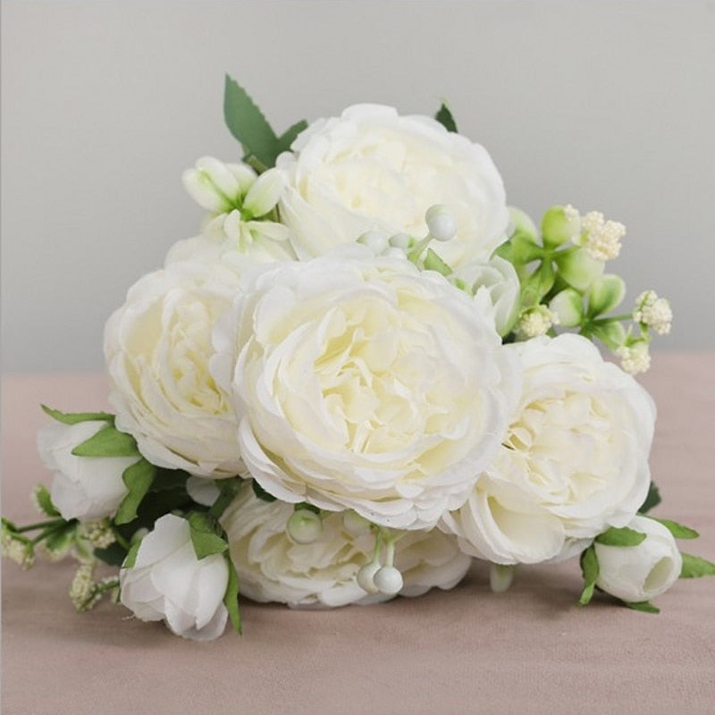 Qfdian  Christmas Silk Peony Artificial Flowers Rose Wedding Home DIY Decor High Quality Big Bouquet Foam Accessories Craft White Fake Flower