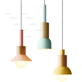 Qfdian home decor hot sale new Iron Wood Macaron Pendant Lamp Pink Green Yellow Hotel Restaurant Sitting Dining Room Bedroom Nordic Hanging Suspension Lighting