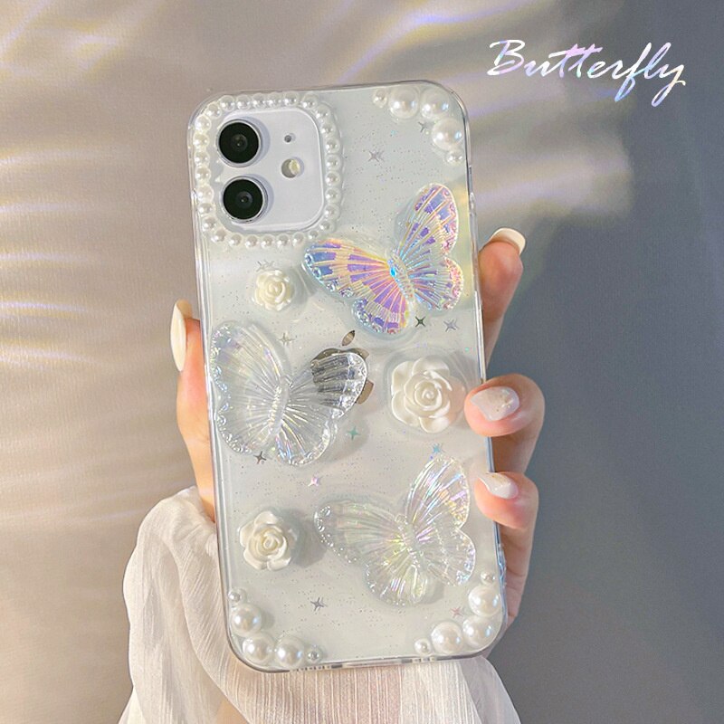 Qfdian iphone 13 pro max case Sweet Three-dimensional Butterfly White Rose Pearl Fashion Phone Case For iphone 11 12 13 Mini Pro Max XS XR SE 8 7 Plus Cover