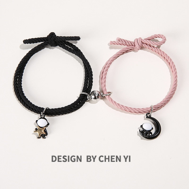 Cartoon Magnetic Couple Bracelets with Moon Robots Pendant Cute Mutually Attractive Friendship Rope Gifts for Friends PR Sale