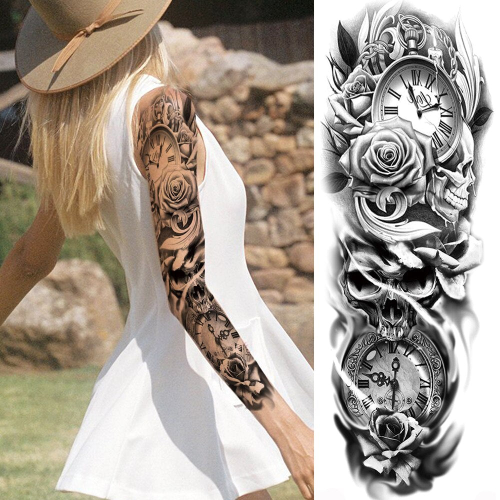 Qfdian gifts for men  Full Arm Evil Eye Temporary Tattoo Sticker For Men Women Realistic Skull Rose Flower Tatoos Body Art 3D Waterproof Fake Tattoos