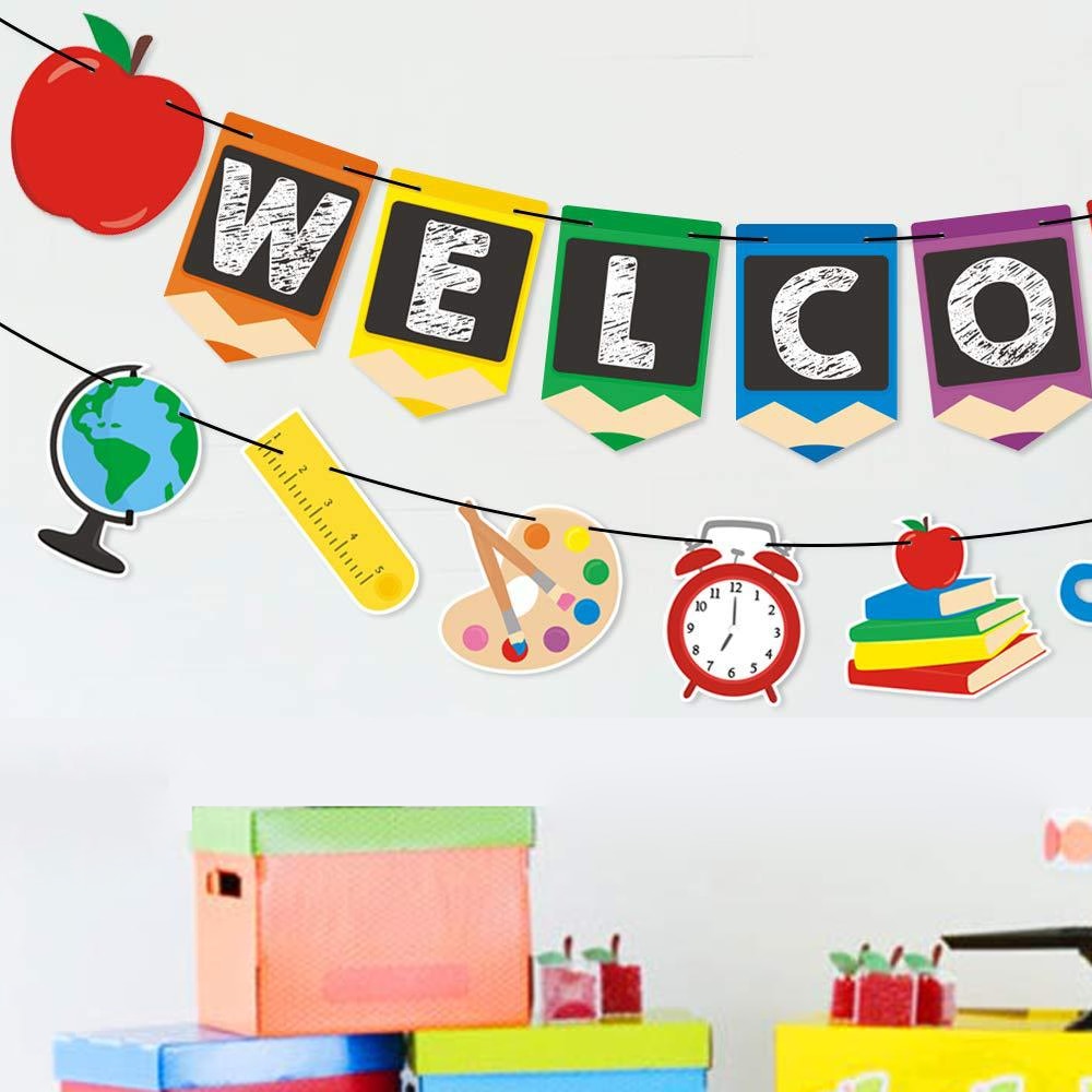 Qfdian Party decoration hot sale new 2pcs Welcome Class Back to School Hanging Sign Banner Bunting First Day of School for Classroom Decor Party Decorations