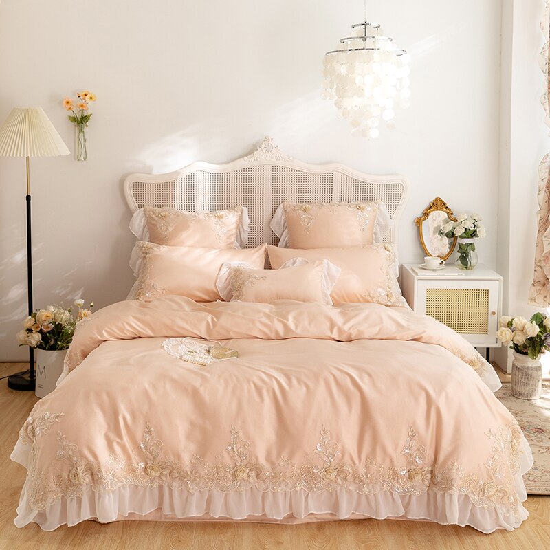 Luxury Egyptian Cotton Bedding Set with Lace Appliqué Lovely Bed Sheet Duvet Cover Set for Home(Queen King Size,2 Colors,4pcs)