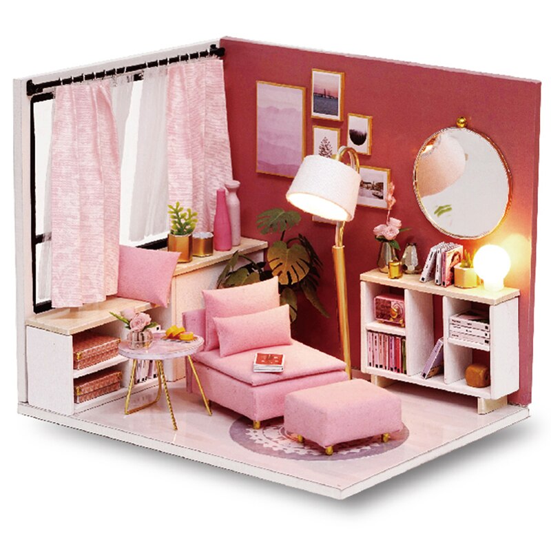 Qfdian Mini Dollhouse kit with Dust Cover Diy Wooden Doll House Miniatures Kit Dollhouse Furniture Accessories Toys for Childre