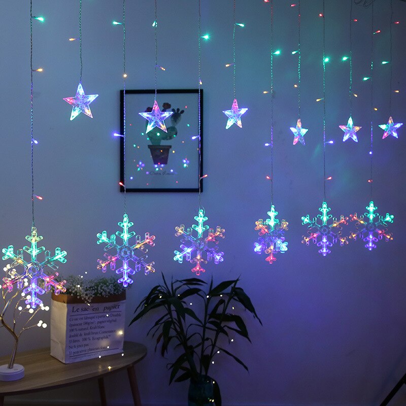 Qfdian valentines day gifts for her LED Icicle Star Snowflake Lamp Fairy Lights Curtain Garland New Year Christmas Decor for Home Festoon Led Light on The Window