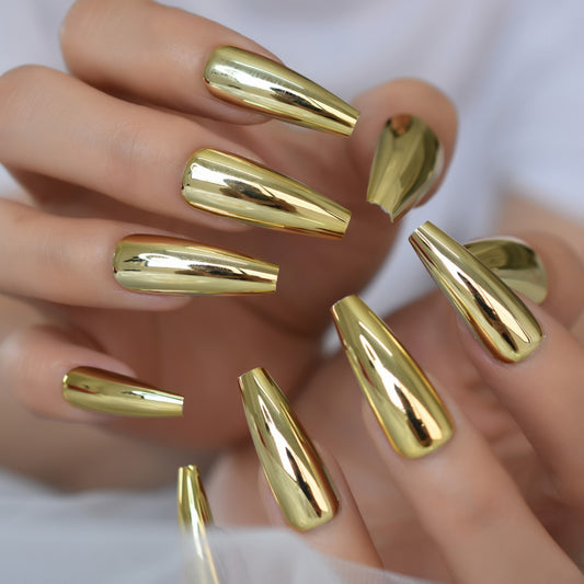 QFDIAN Metallic Coffin Nail Tips False Nails Long Ballerina Gold Mirror Fake Nails Press On Full Set For Fingernail Decorations