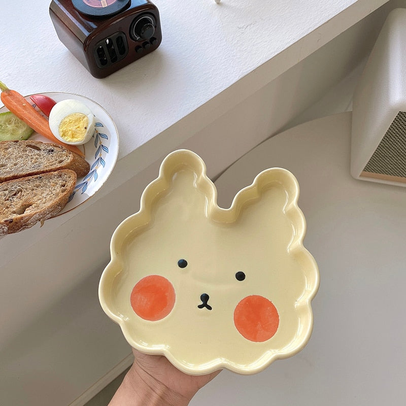 Qfdian Party decoration Party gifts hot sale new Ins Cartoon Dinner Plate Tableware New Frog Rabbit Duck Craft Kawaii Ceramic Cake Dessert Household Kitchen Dinnerware 17Cm