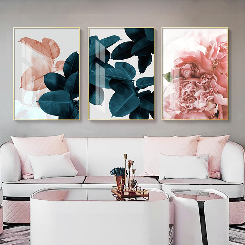 Qfdian Pink Green Flower Leaf Nordic Poster Wall Art Canvas Painting Abstract Posters and Prints Wall Pictures for Living Room Decor